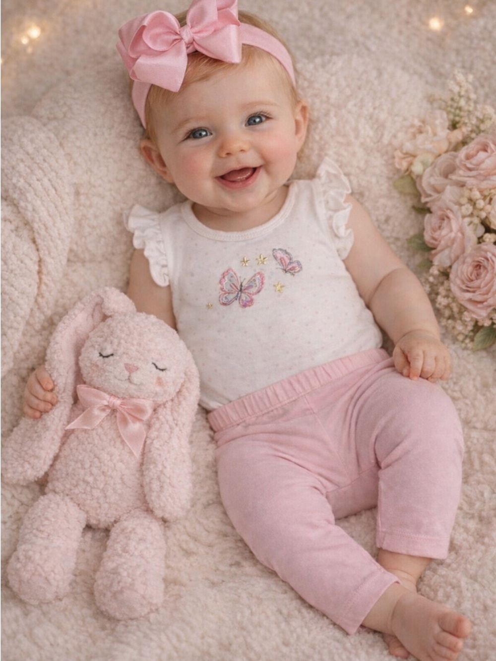 Adorable 9M Baby Girl Butterfly Outfit Set 🦋 Pink Leggings + Onesie + Bow